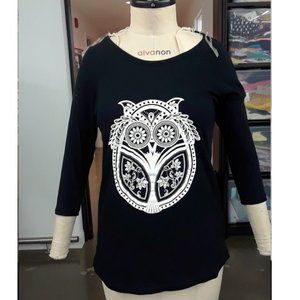 New Black Owl Print 3/4 sleeve T-shirt